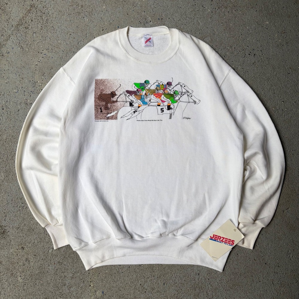 Vintage 1990 Jerzees Horse Racing Graphic Sweatshirt White XL NWT Made in USA
